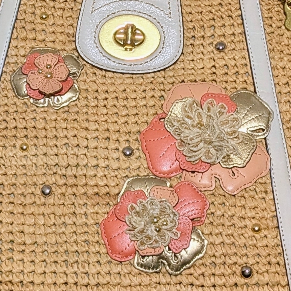 Coach Hampton Tote Peach Ivory White Straw Flower Handbag Large Metallic Basket - Picture 5 of 16